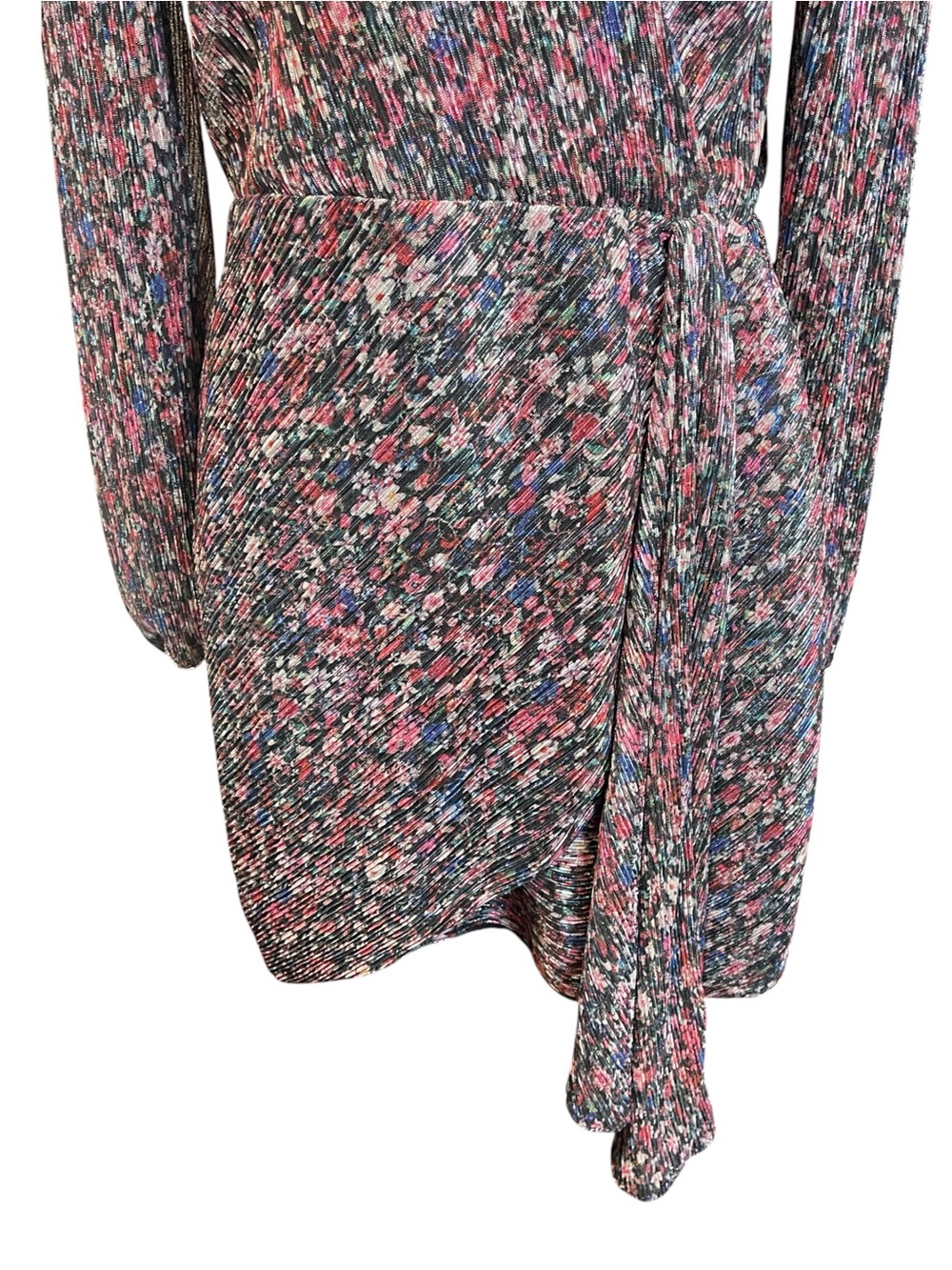 Saylor Bernadette draped faux wrap floral metallic‎ long sleeve cocktail dress L - Picture 12 of 15